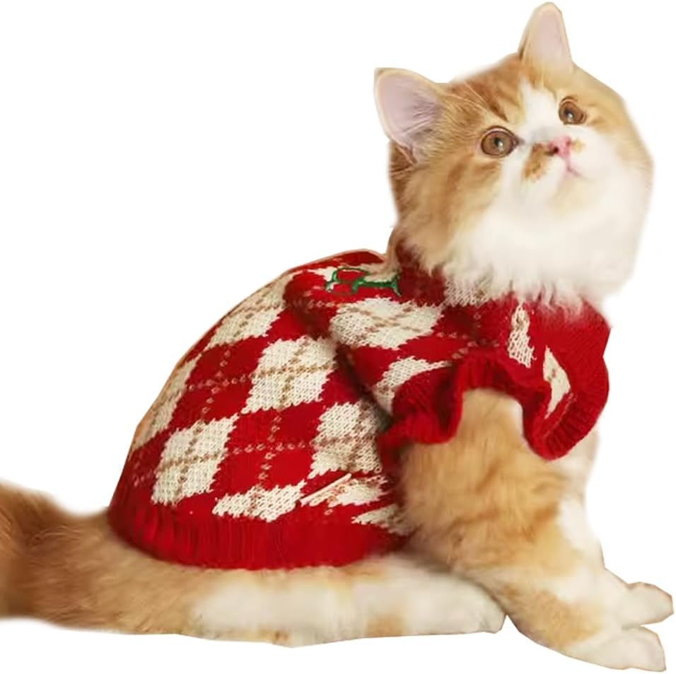 Diamond Puppy Sweater for Small Dog Girl Strawberry Turtleneck Cat Knitwear Winter Pet Clothes for Kitten Chihuahua Yorkie (Small, Red)