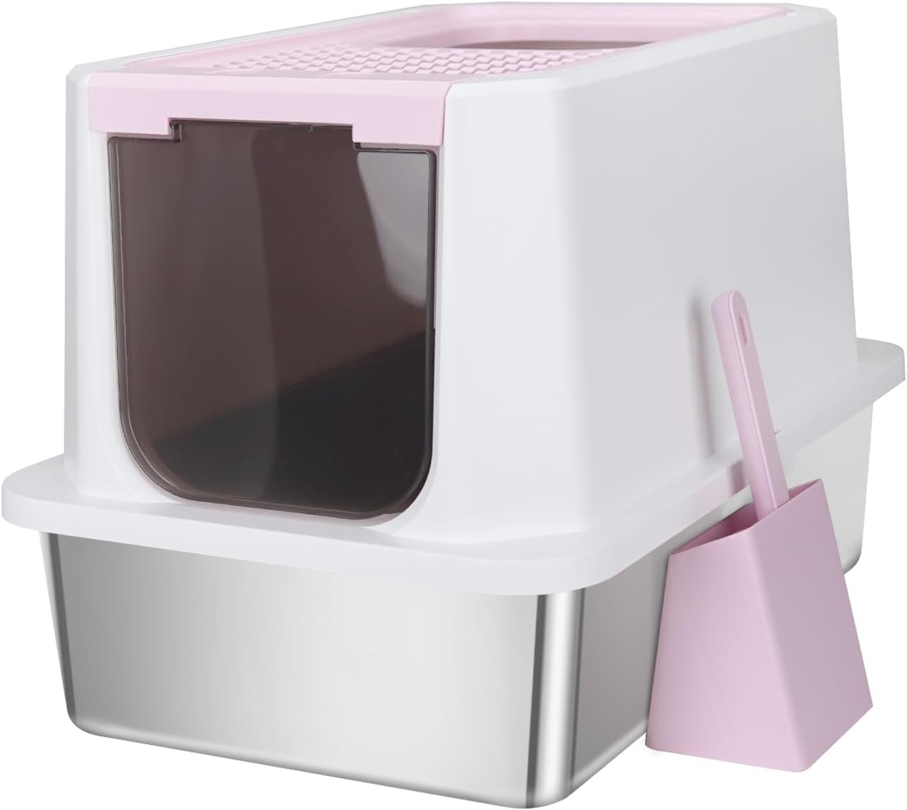 Stainless Steel Cat Litter Box, Odorless Enclosed Litter Box with Top Holes, Large Litter Pan for Small to Large Sized Cats (Pink, 23.8" L*15.9" W*16.1" H)