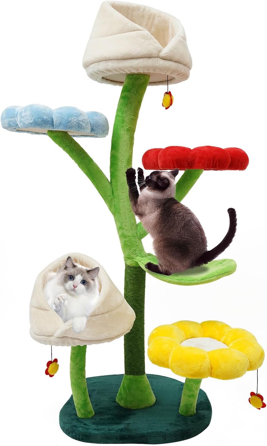 Large Cat Tree 63.8 inch Tall Cat Tower Trees with Flower Seat Cute 6-Tier Cat House Indoor Multi-Level Plant-Shaped Cat Climbing Frame for Indoor Cats, Color