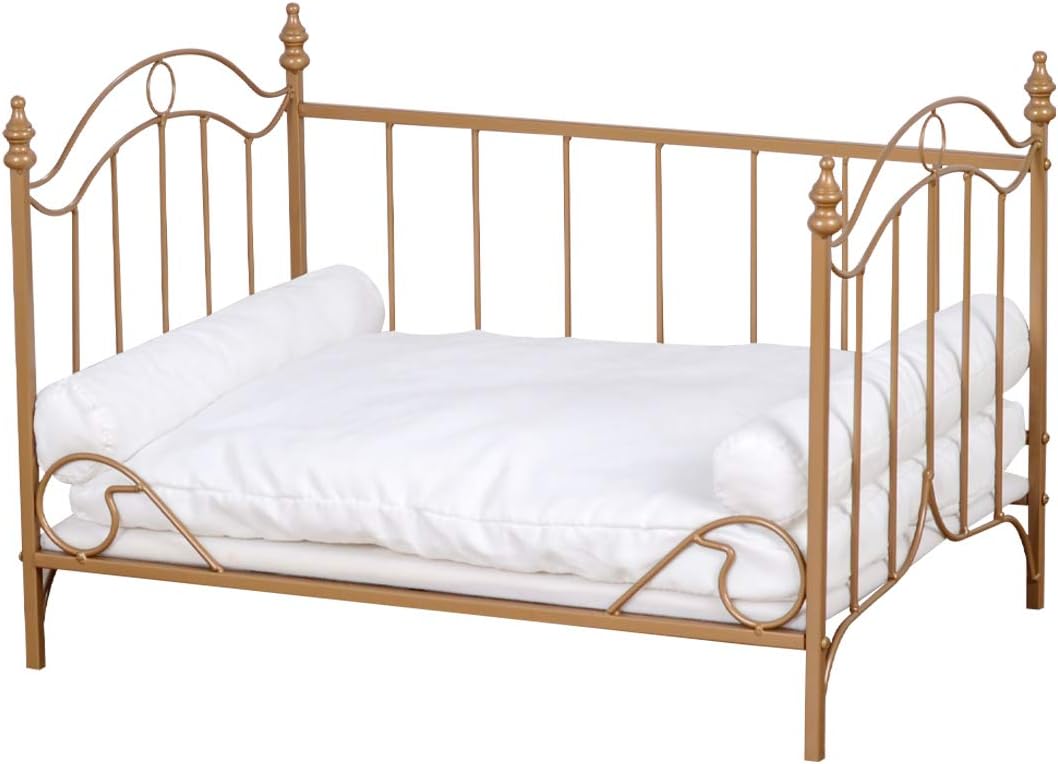 Pet Bed, Dog Bed with Metal Frame and Detached White Velvet Cushion with 2 Pillow for Small Dog