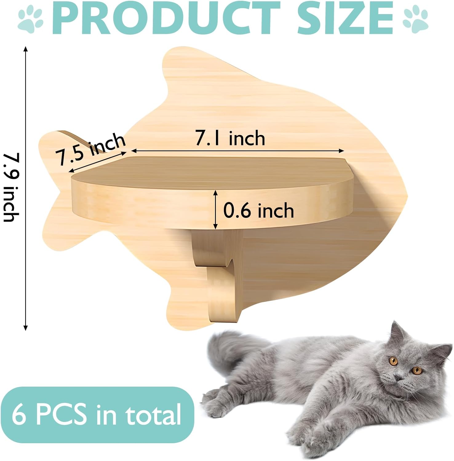 6 Pcs Wall Mounted Cat Shelves - Wood Climbing Steps, Stairs With Non-Slip Felt, Ladder Wall Furniture for Springboard Playing (Fish Shape)
