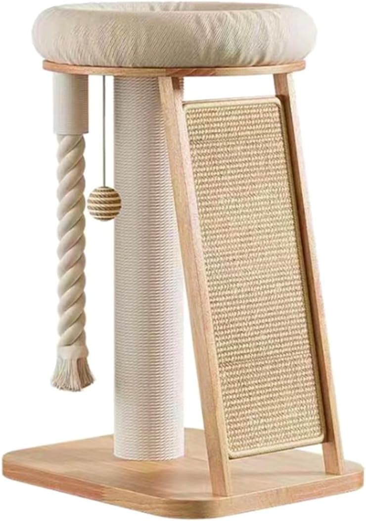 Modern Natural Wood Cute Multifunctional Cat Tree Tower Small, Large Sisal Scratching Post, Tilted Angled Ramp Scratcher, Climbing Rope Toy and Cuddle Bed