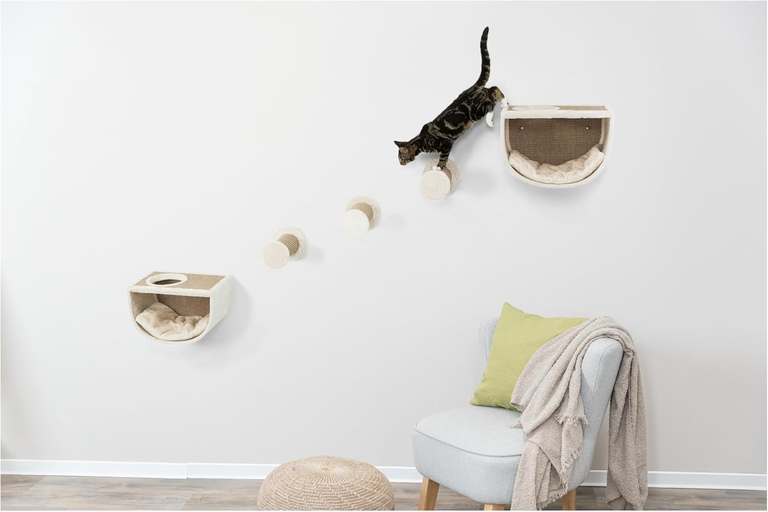 Wall Mount Cat Furniture - 5pc Cat Wall Scratcher, Climbing Shelves - 2 Condos and 3 Elevated Steps Covered in Sisal Rug & Plush - Brown