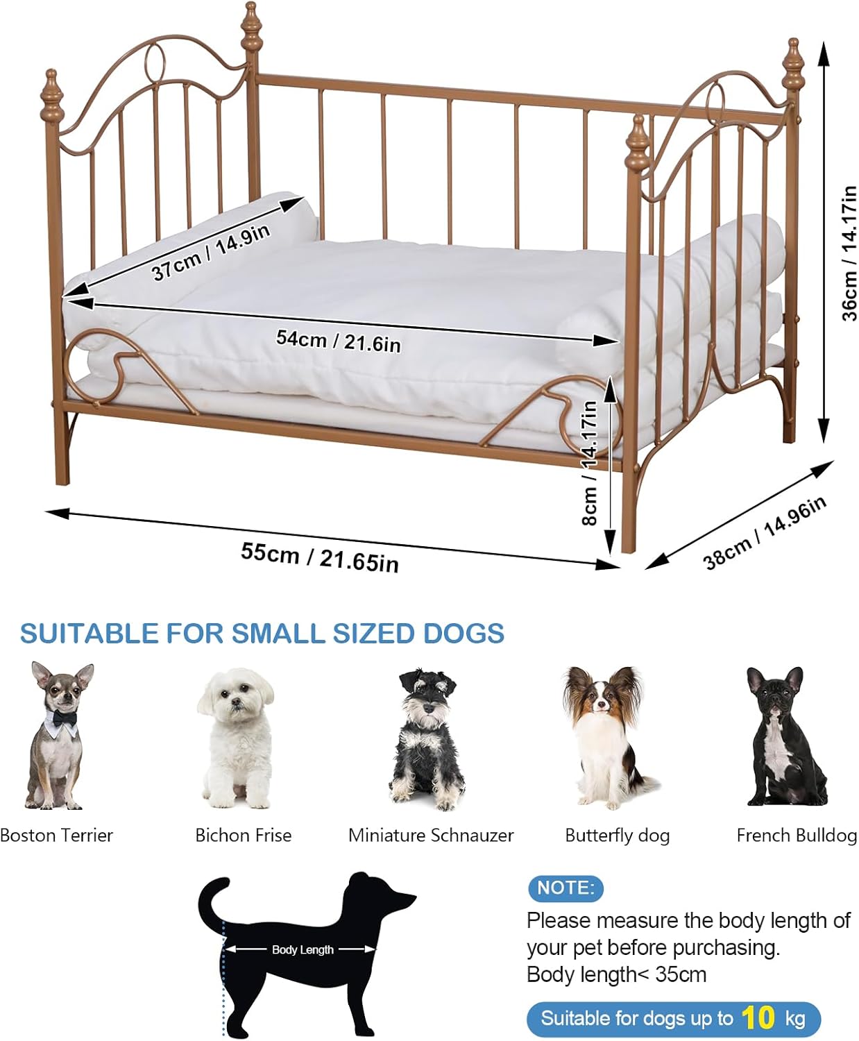 Pet Bed, Dog Bed with Metal Frame and Detached White Velvet Cushion with 2 Pillow for Small Dog