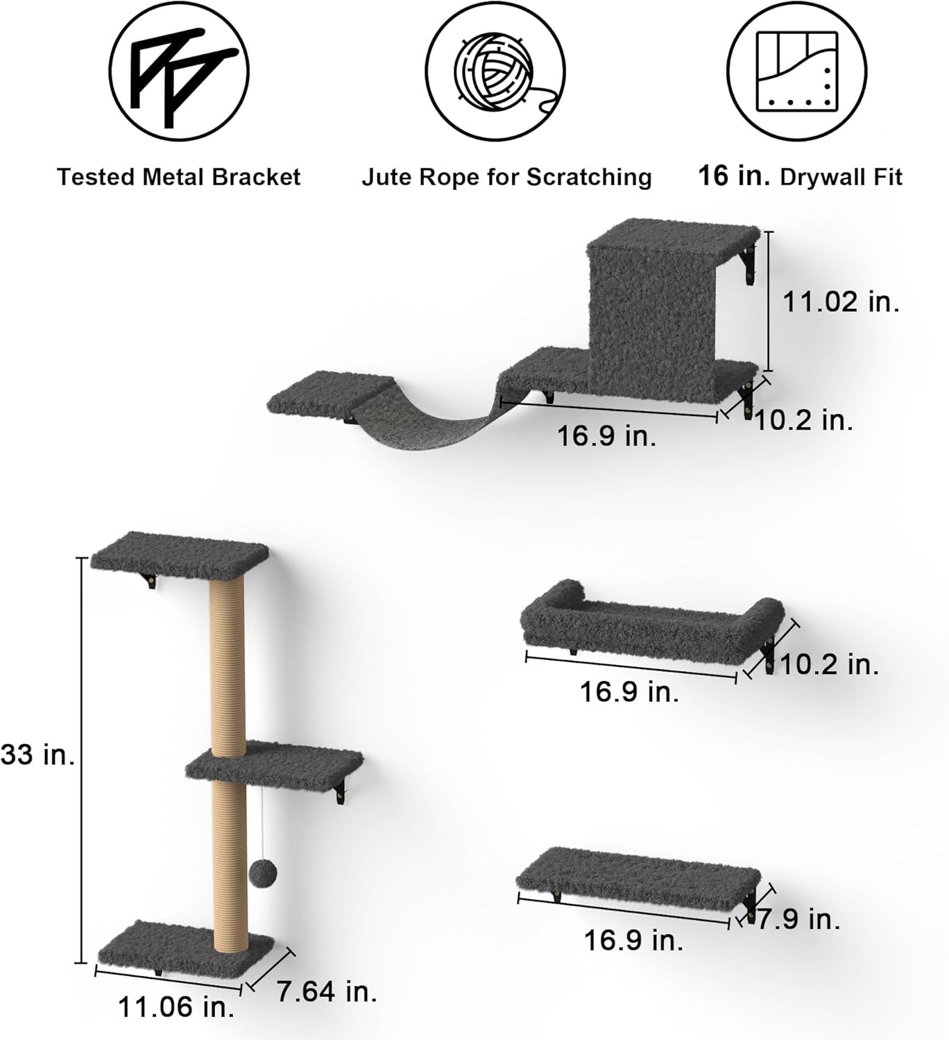 Cat Wall Shelves, Stable & Safe 4 in 1 Cat Furniture Set, Wooden Climbing Wall with Scratching Post for 16 Inch Drywall - Gray
