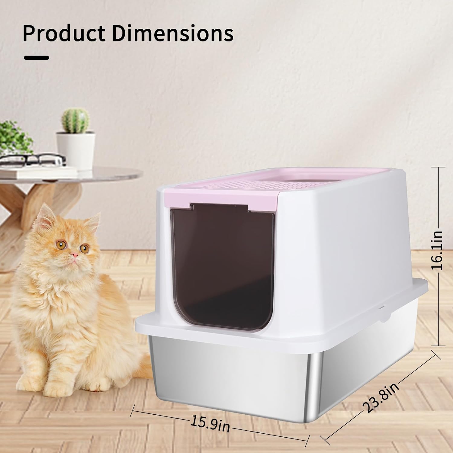 Stainless Steel Cat Litter Box, Odorless Enclosed Litter Box with Top Holes, Large Litter Pan for Small to Large Sized Cats (Pink, 23.8" L*15.9" W*16.1" H)