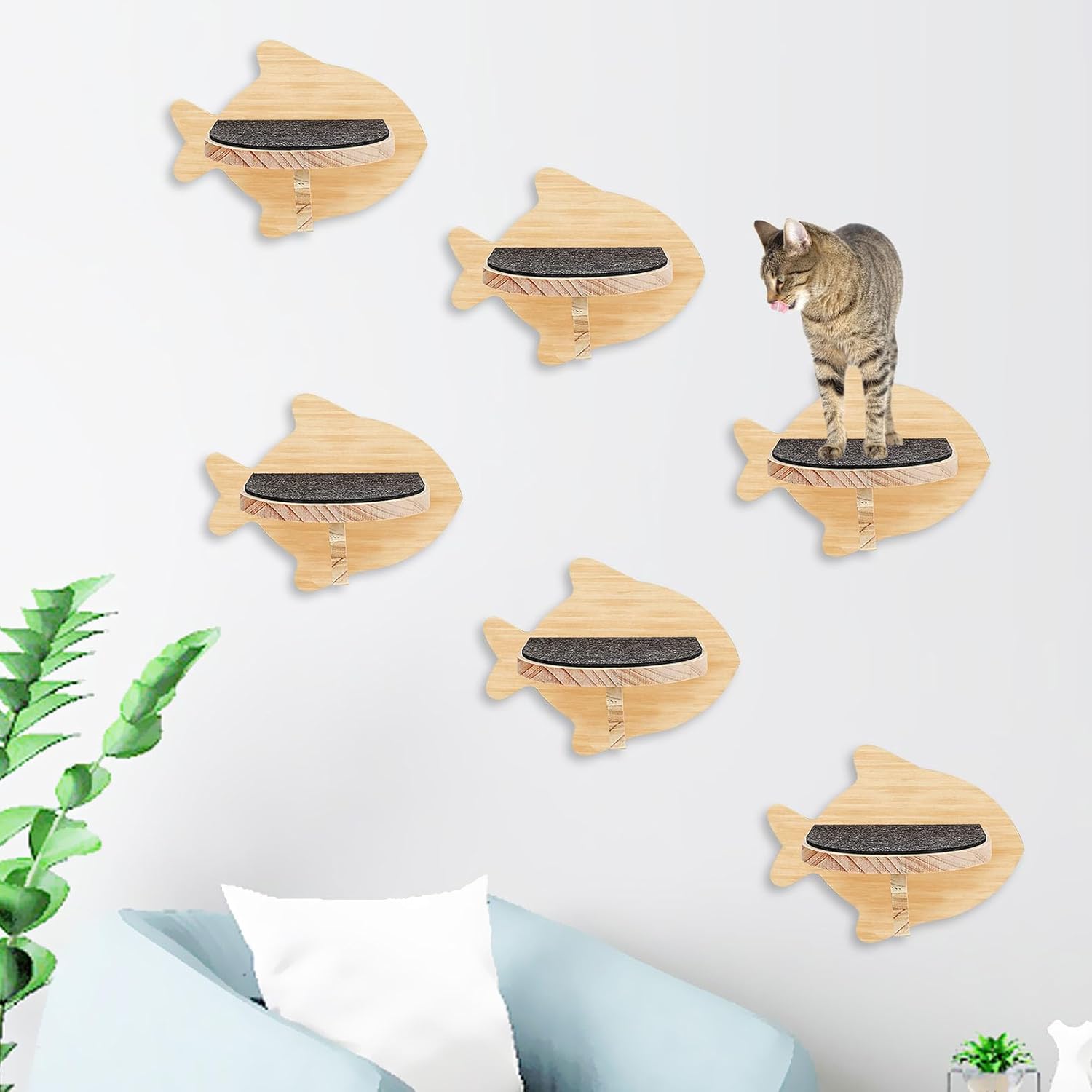6 Pcs Wall Mounted Cat Shelves - Wood Climbing Steps, Stairs With Non-Slip Felt, Ladder Wall Furniture for Springboard Playing (Fish Shape)