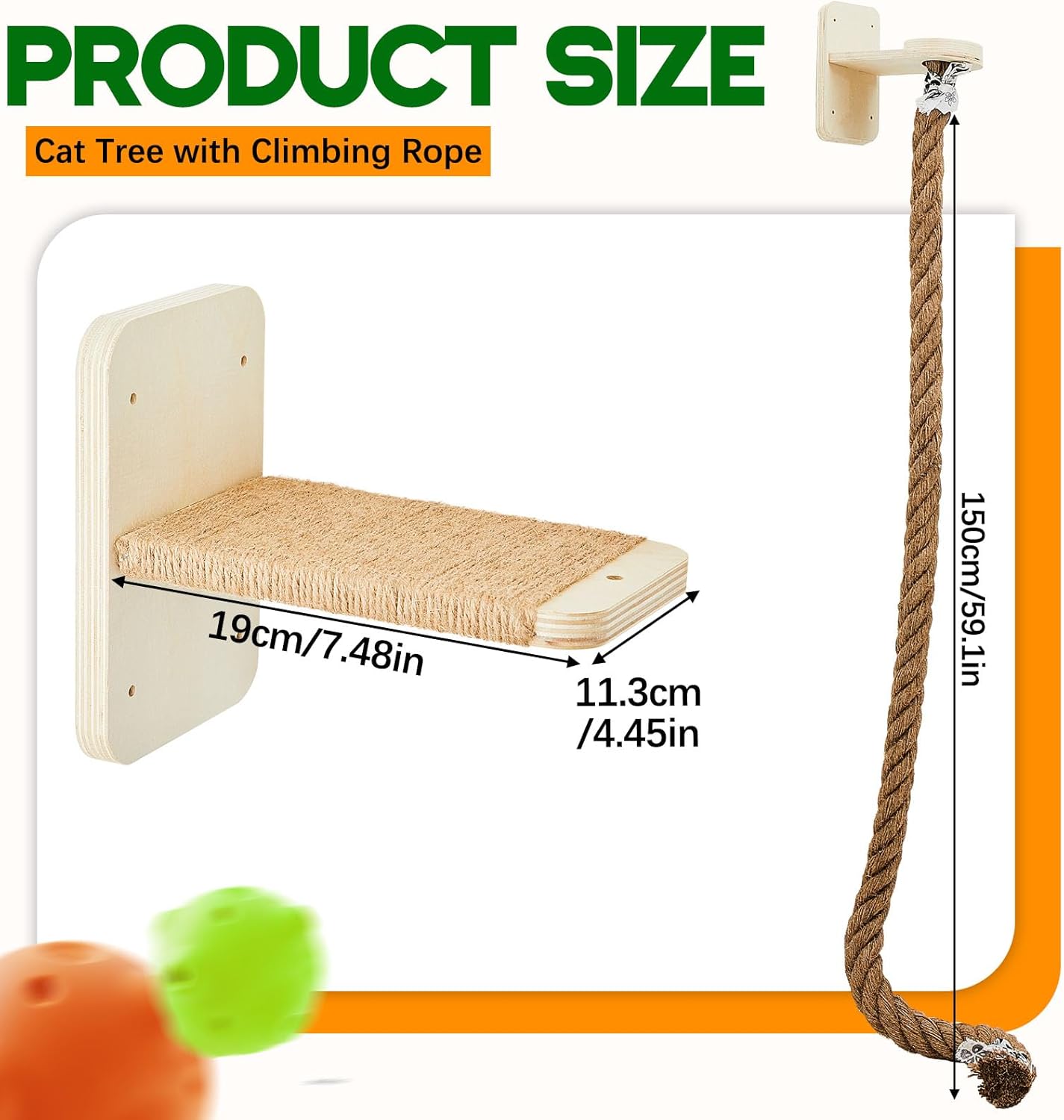 Cat Tree with 2 x 59.1 Inch Climbing Rope Wall Mounted Cat Climbing Tower Toy with Scratching Post Kitten Rope Ladder with Jumping Platform Wall Steps for Playing and Rest