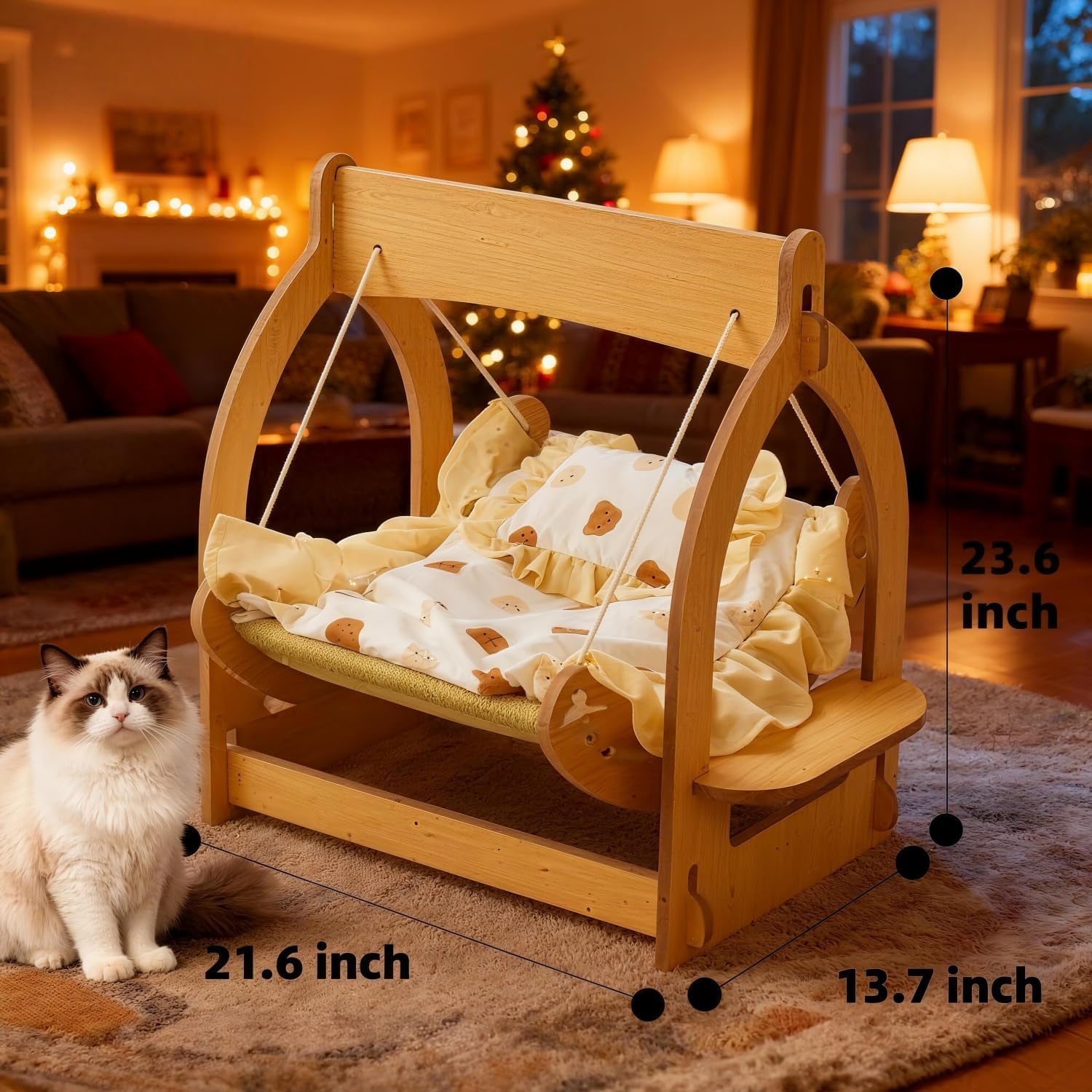 2 in 1 Wooden Cat Hammock, Comfortable and Breathable Hanging Cat Bed with Soft Mattress and Pillow??Suitable for Cats or Small Dogs