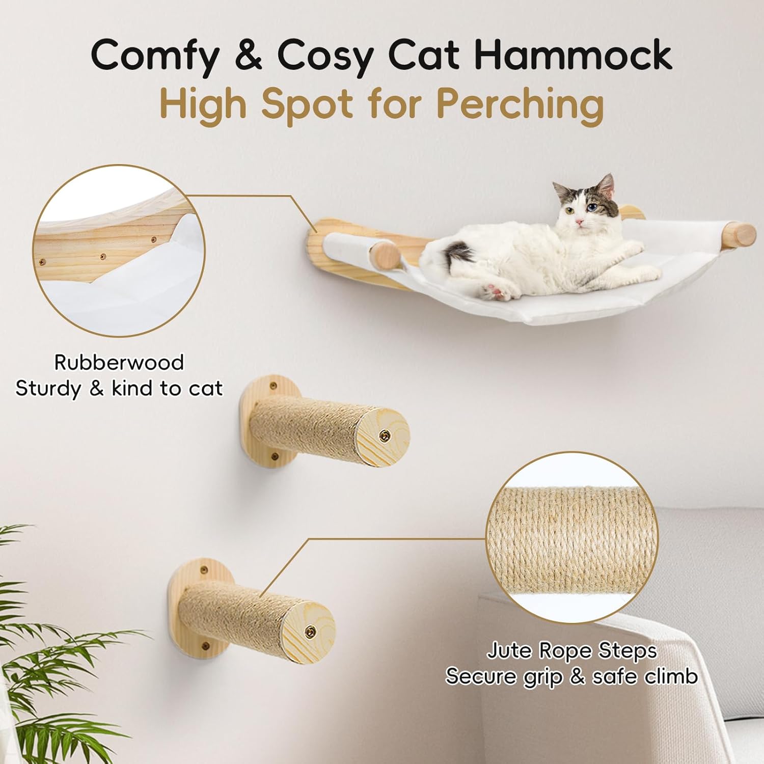 Cat Wall Hammock, Cat Climbing Shelves with 2 Steps, Wall Mounted Furniture Bed and Perches for Climbing, Sleeping, Playing, for Indoor Large Cats or Kitty