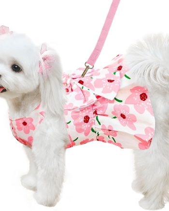 Cute Dog Dress Small Dog Clothes for Girls Female Puppy Outfits Pink Floral Pet Summer Clothes Bowknot Doggy Cat Princess Dress Harness Set for Holiday Birthday Party Costume Clothing (Pink,S)