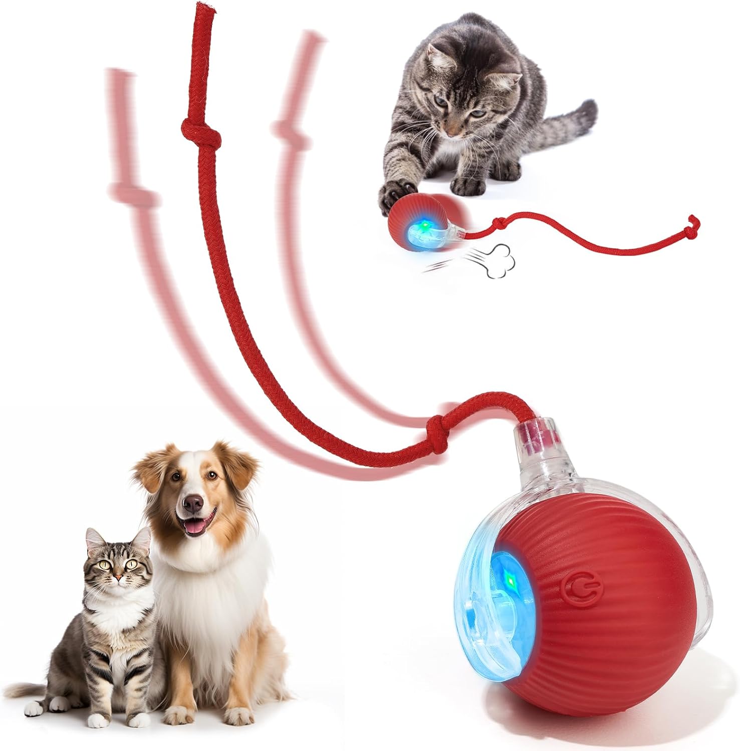 Interactive Dog & Cat Electric Active Toys, Smart Rolling Ball for Dogs & Cats, 360?? Smart Automatic Rolling Pet Ball, Fast Moving Toy for Bored Indoor Kitty, Rechargeable(Red)
