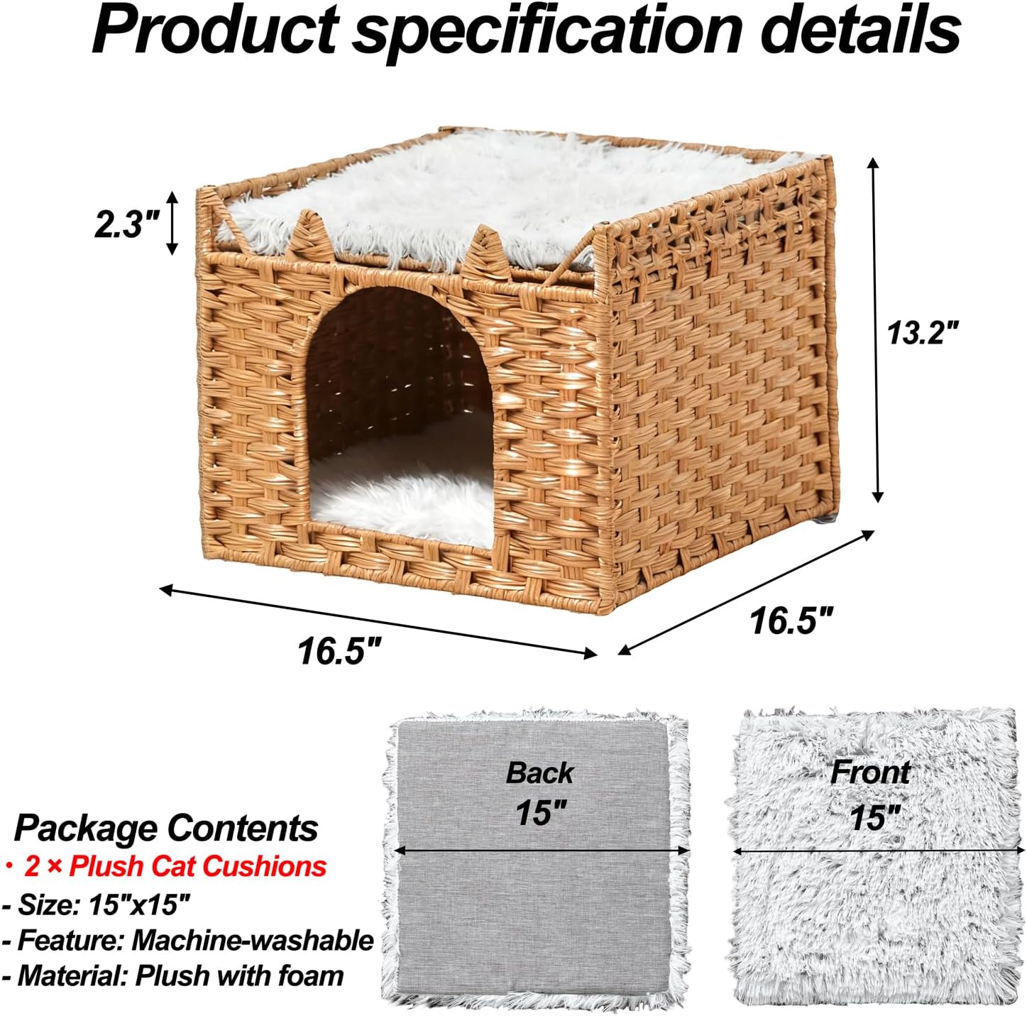 Cat Bed with Ears - Handwoven Rattan Cat Cave House for Indoor Kittens, Foldable Hideaway with 2 Removable Cushions, 16.5x16.5x13.2 Inch Natural Pet Cube for Living Room/Bedroom Natural