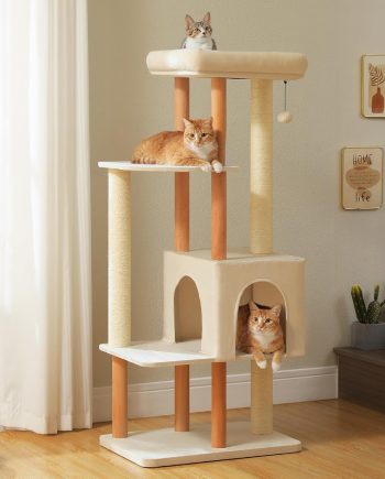 Large Cat Tree, 53 Inches Modern Wooden Cat Tower for Indoor Large Cats, Multi-Level Cat Condos with Long Scratching Posts and Natural Wood Posts-Beige