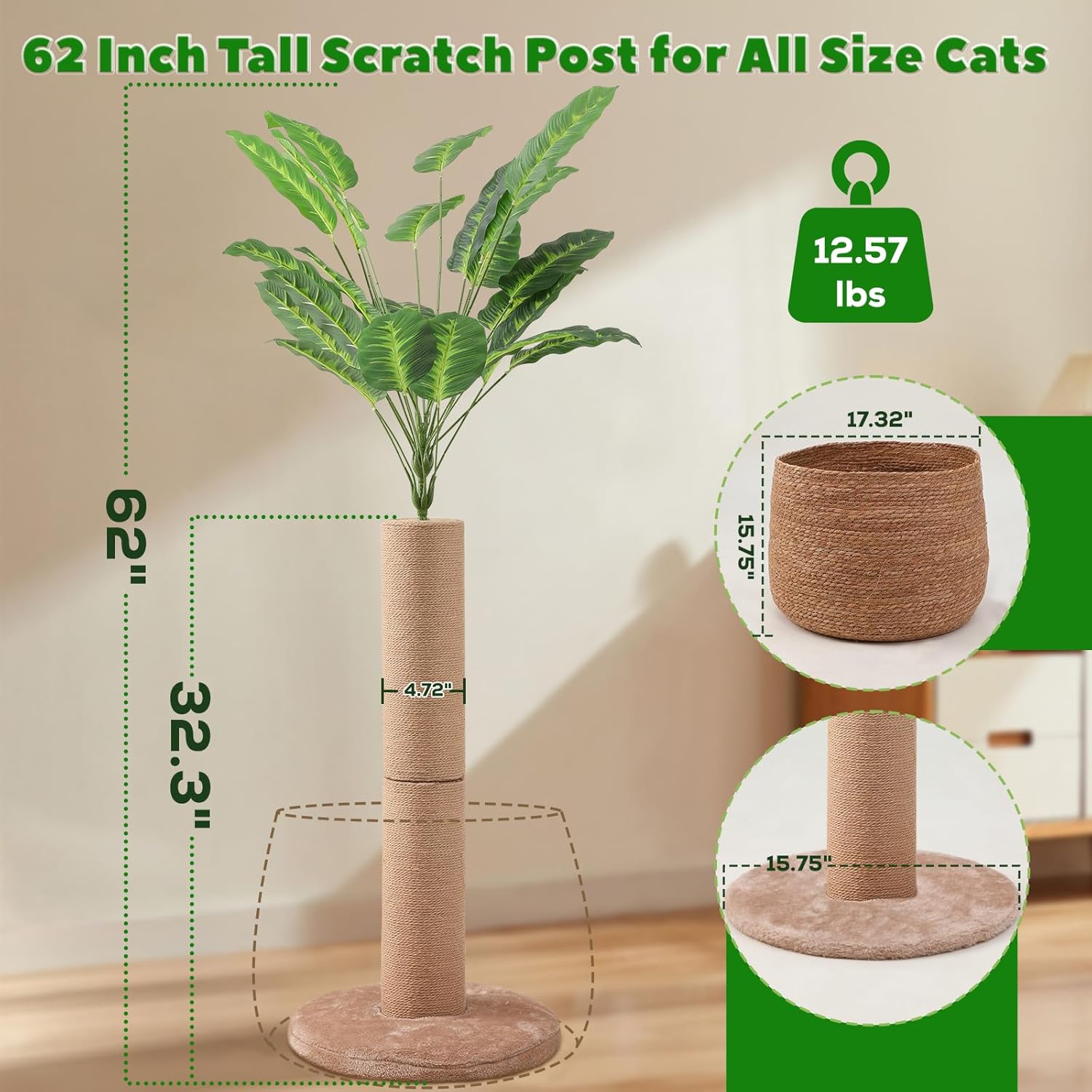 62 Inch Tall Cat Scratching Post with Bed, Banana Leaf Tree Scratching Posts for Indoor Cats Adults, Artificial Plants Siscal Scratcher Post with Foldable Woven Cat Basket Nest for Home Decor