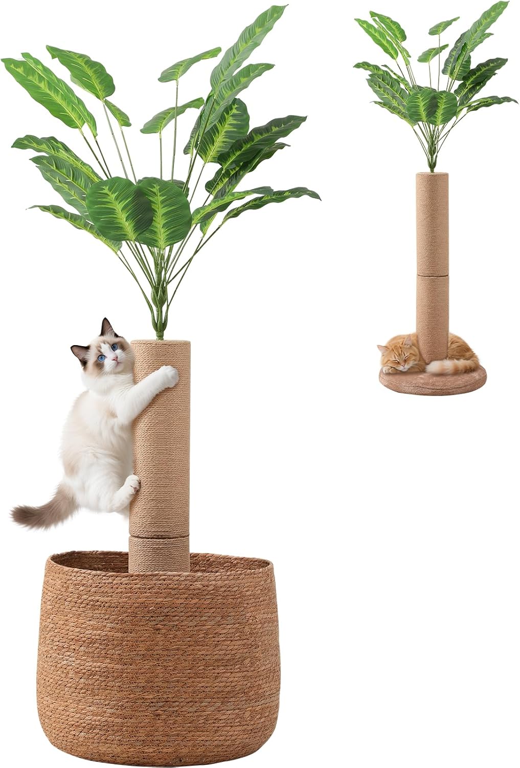 62 Inch Tall Cat Scratching Post with Bed, Banana Leaf Tree Scratching Posts for Indoor Cats Adults, Artificial Plants Siscal Scratcher Post with Foldable Woven Cat Basket Nest for Home Decor