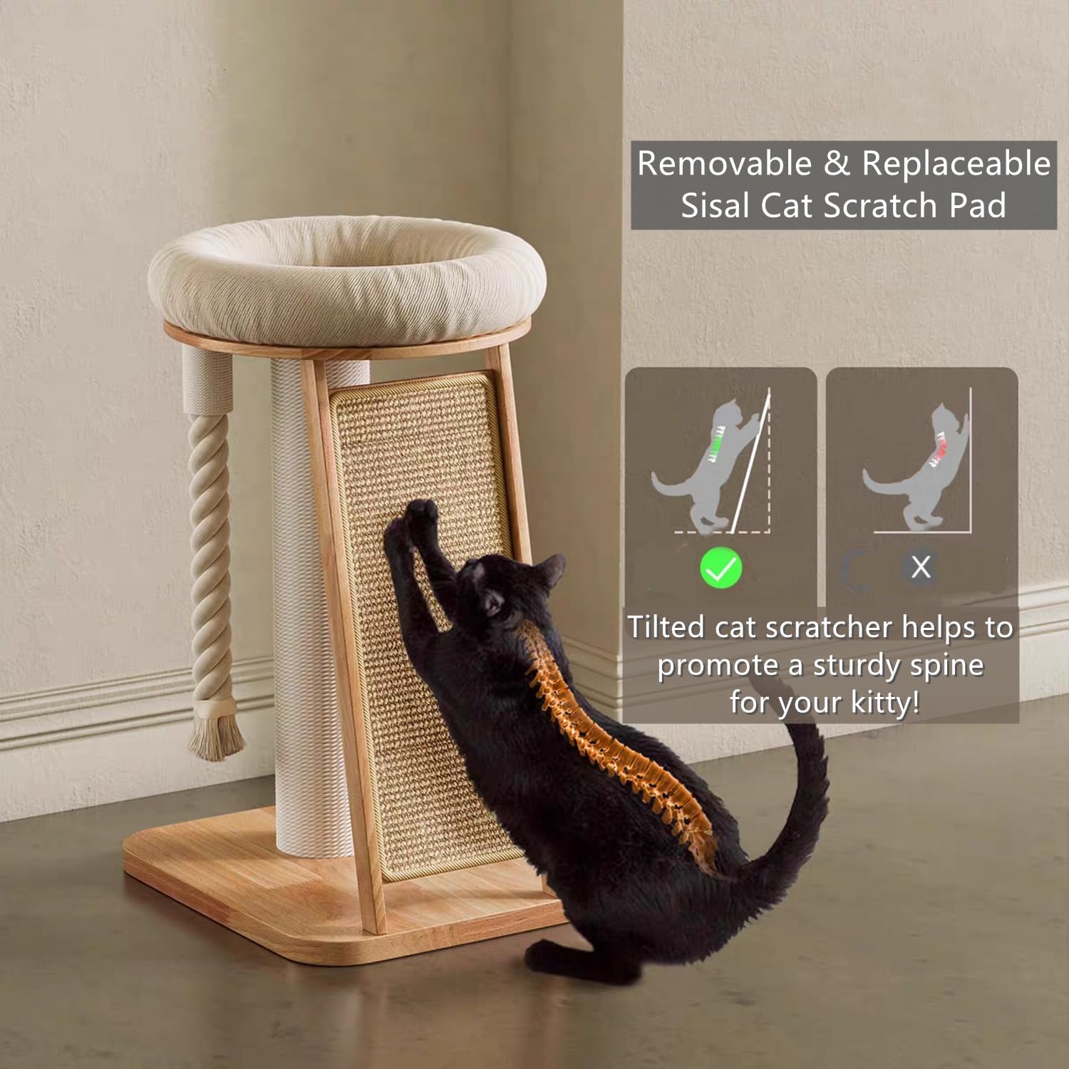 Modern Natural Wood Cute Multifunctional Cat Tree Tower Small, Large Sisal Scratching Post, Tilted Angled Ramp Scratcher, Climbing Rope Toy and Cuddle Bed
