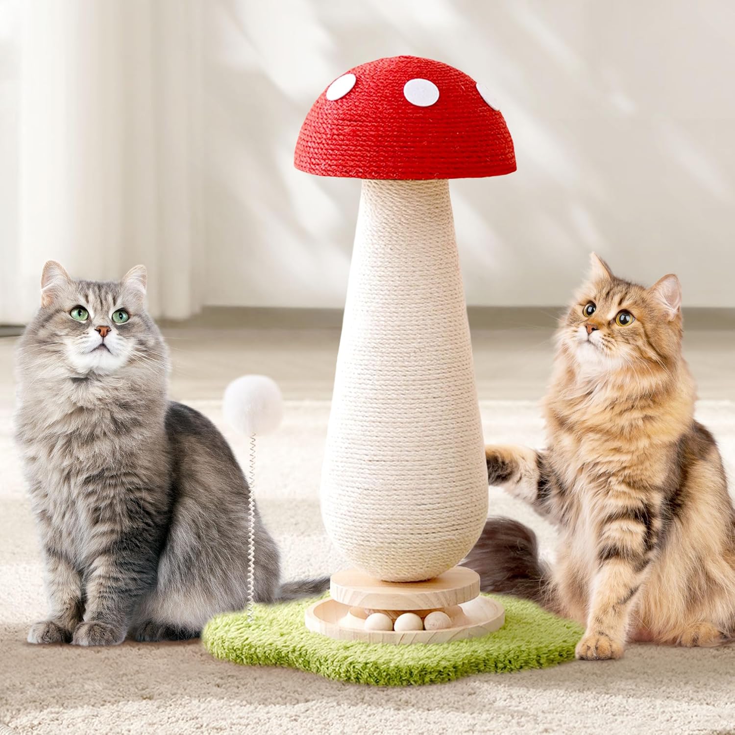 Mushroom Cat Scratching Post Cat Tree, 21.5???? H Cute Cat Scratcher Tower with Durable Solid Wood Turntable Toy, Mushroom Scratch Post Cat Sisal Scratcher with Catnip for Indoor Adult Cats
