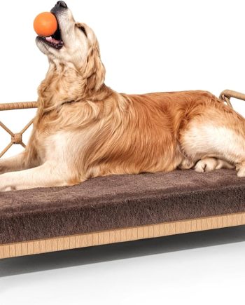 Dog Bed with Cushion, Cooling Elevated Raised Beds with Rattan Breathable Mesh and Universal Mat, Indoor & Outdoor Pet Cots for Large Dog, Brown