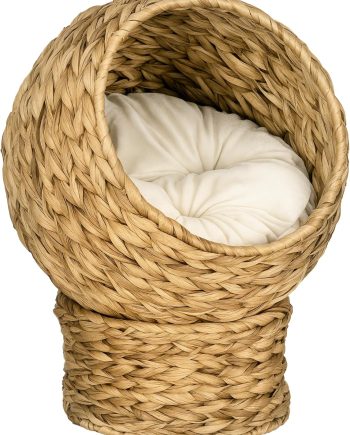 Handwoven Elevated Cat Bed with Soft Cushion & Egg Chair Shape, Basket Bed Kitty House with Stand, Raised Wicker House for Indoor Cats, 20" H, Brown