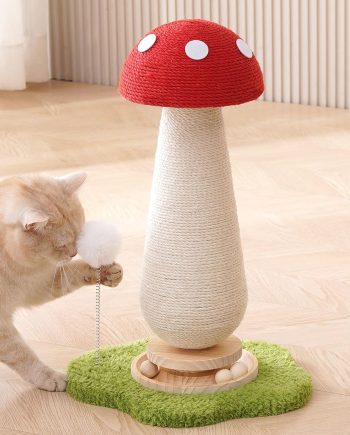 Mushroom Cat Scratching Post Cat Tree, 21.5???? H Cute Cat Scratcher Tower with Durable Solid Wood Turntable Toy, Mushroom Scratch Post Cat Sisal Scratcher with Catnip for Indoor Adult Cats