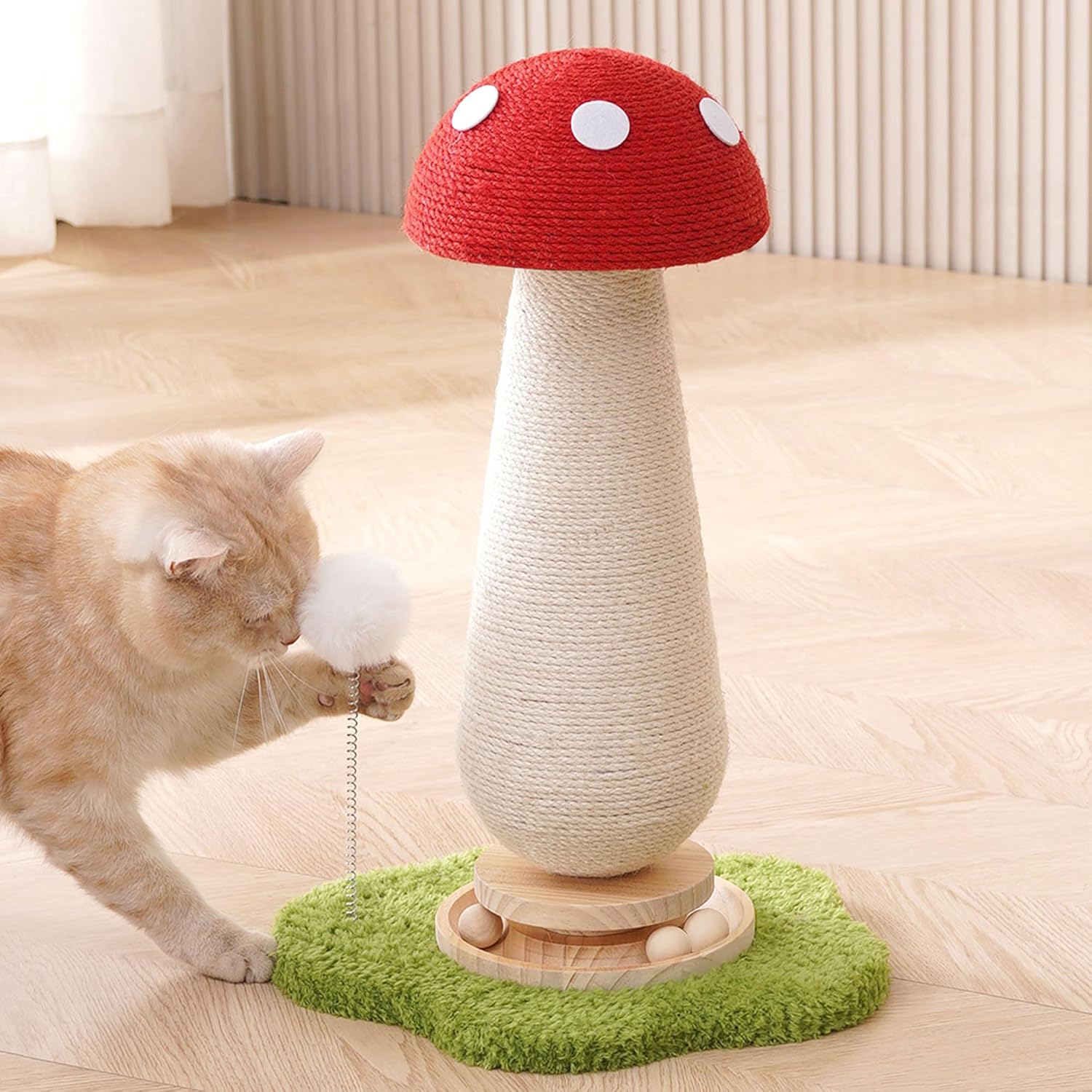Mushroom Cat Scratching Post Cat Tree, 21.5???? H Cute Cat Scratcher Tower with Durable Solid Wood Turntable Toy, Mushroom Scratch Post Cat Sisal Scratcher with Catnip for Indoor Adult Cats