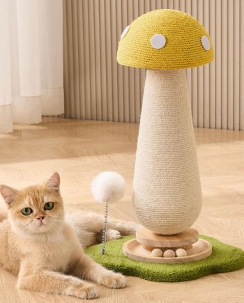 Mushroom Cat Scratching Post Cat Tree, 21.5???? H Cute Cat Scratcher Tower with Durable Solid Wood Turntable Toy, Lemon Yellow Mushroom Scratch Post Cat Sisal Scratcher with Catnip for Indoor Cats