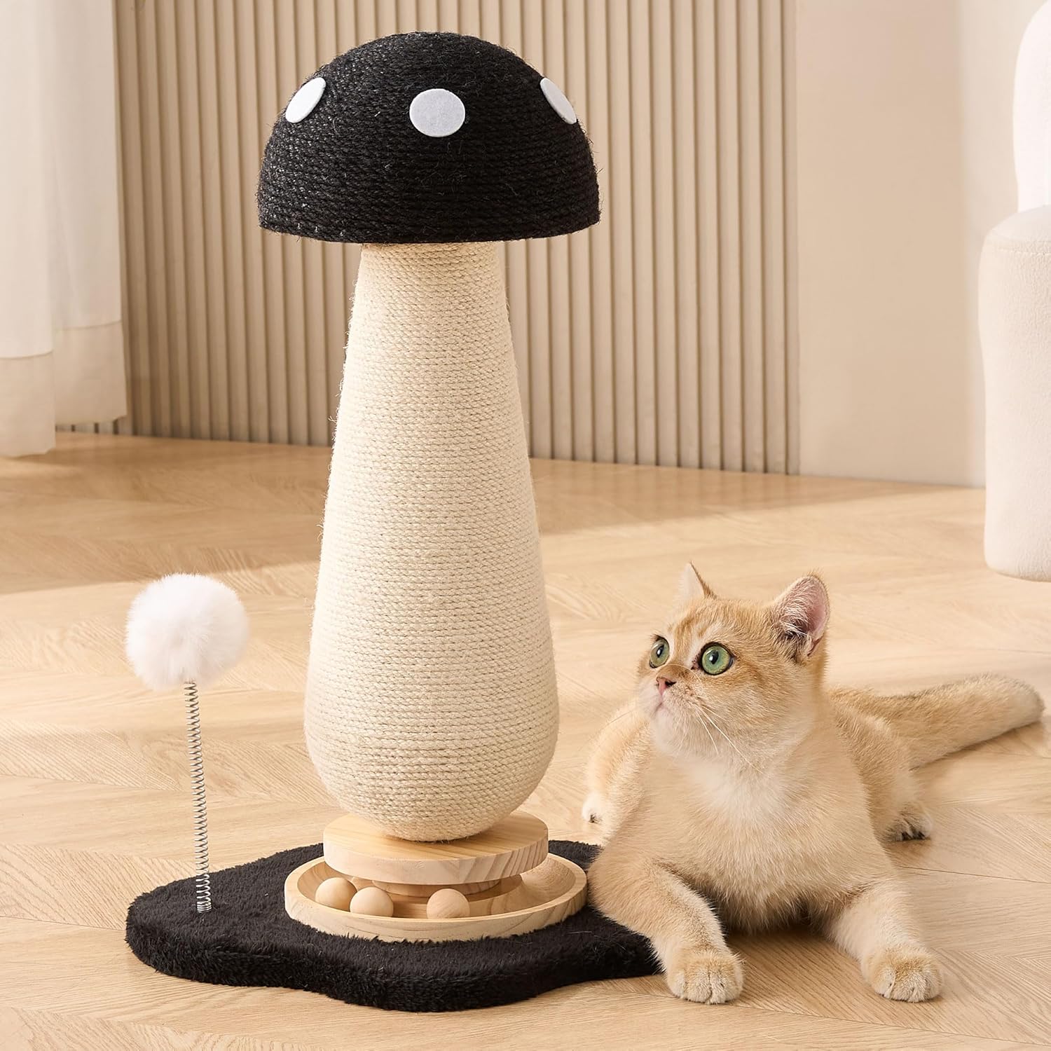 Mushroom Cat Scratching Post Cat Tree, 21.5???? H Cute Cat Scratcher Tower with Durable Solid Wood Turntable Toy, Solid Black Mushroom Scratch Post Cat Sisal Scratcher with Catnip for Indoor Cats