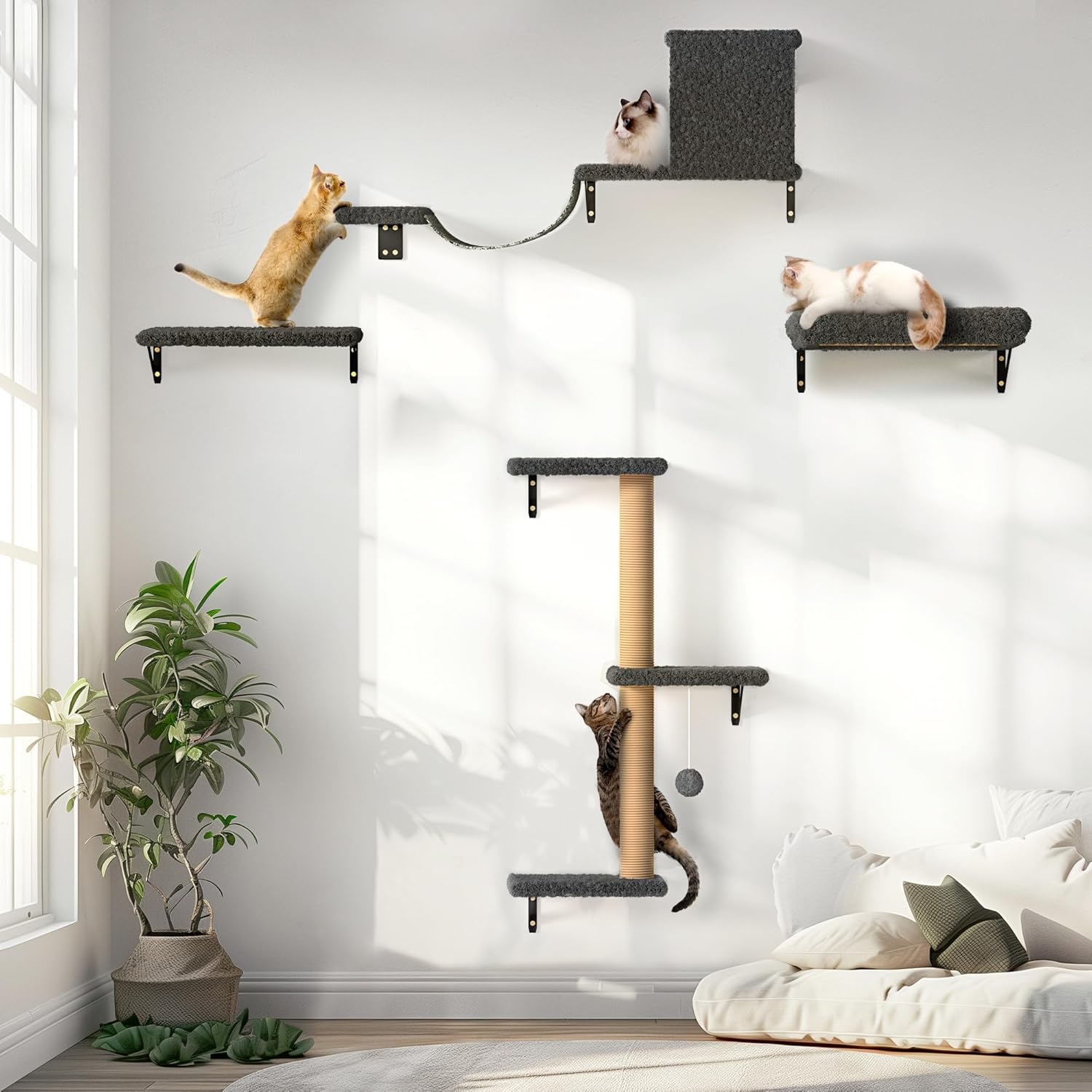Cat Wall Shelves, Stable & Safe 4 in 1 Cat Furniture Set, Wooden Climbing Wall with Scratching Post for 16 Inch Drywall - Gray