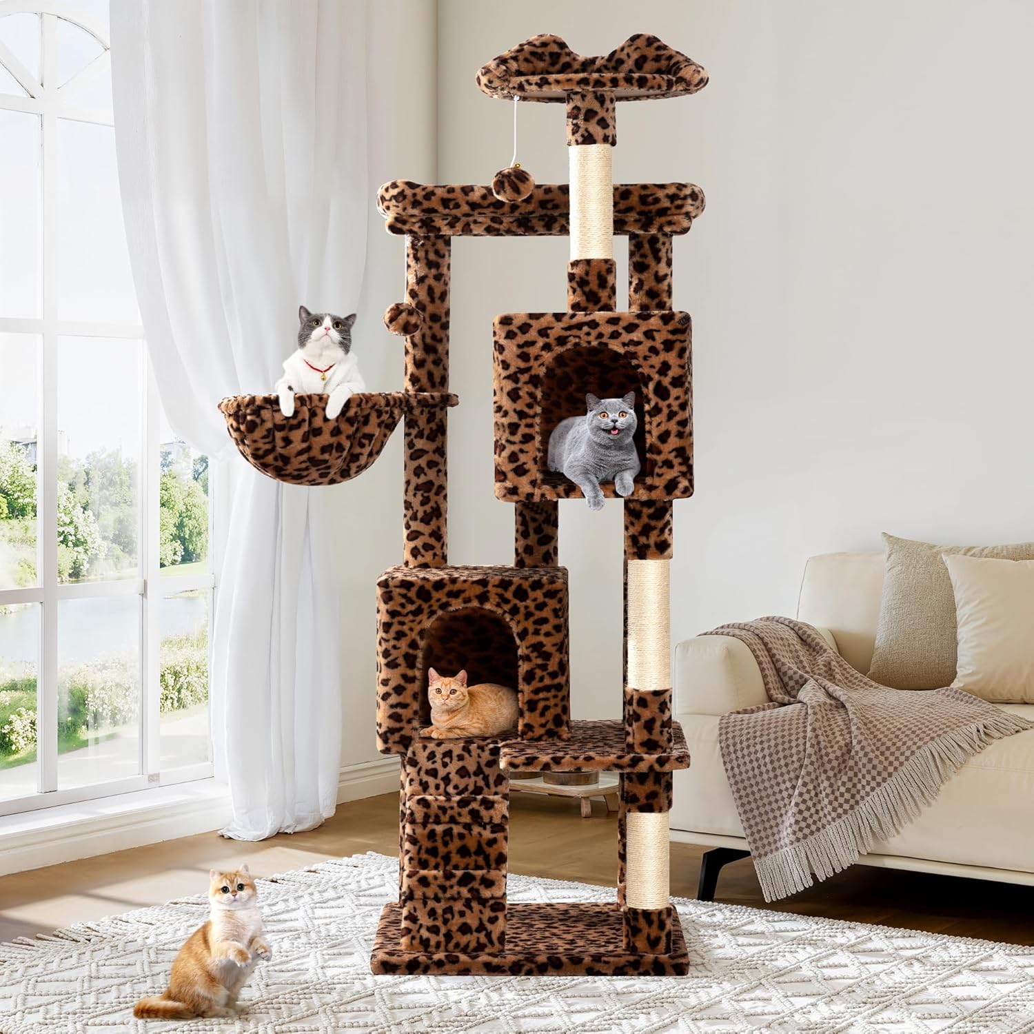 64 Inches Cat Tree Tower/Multi-Level Activity Center for Indoor Big Felines/2 Plush Condos/2 Perchs/Basket/House/Sisal Scratching Posts/Hanging Cat Toys/Leopard Print
