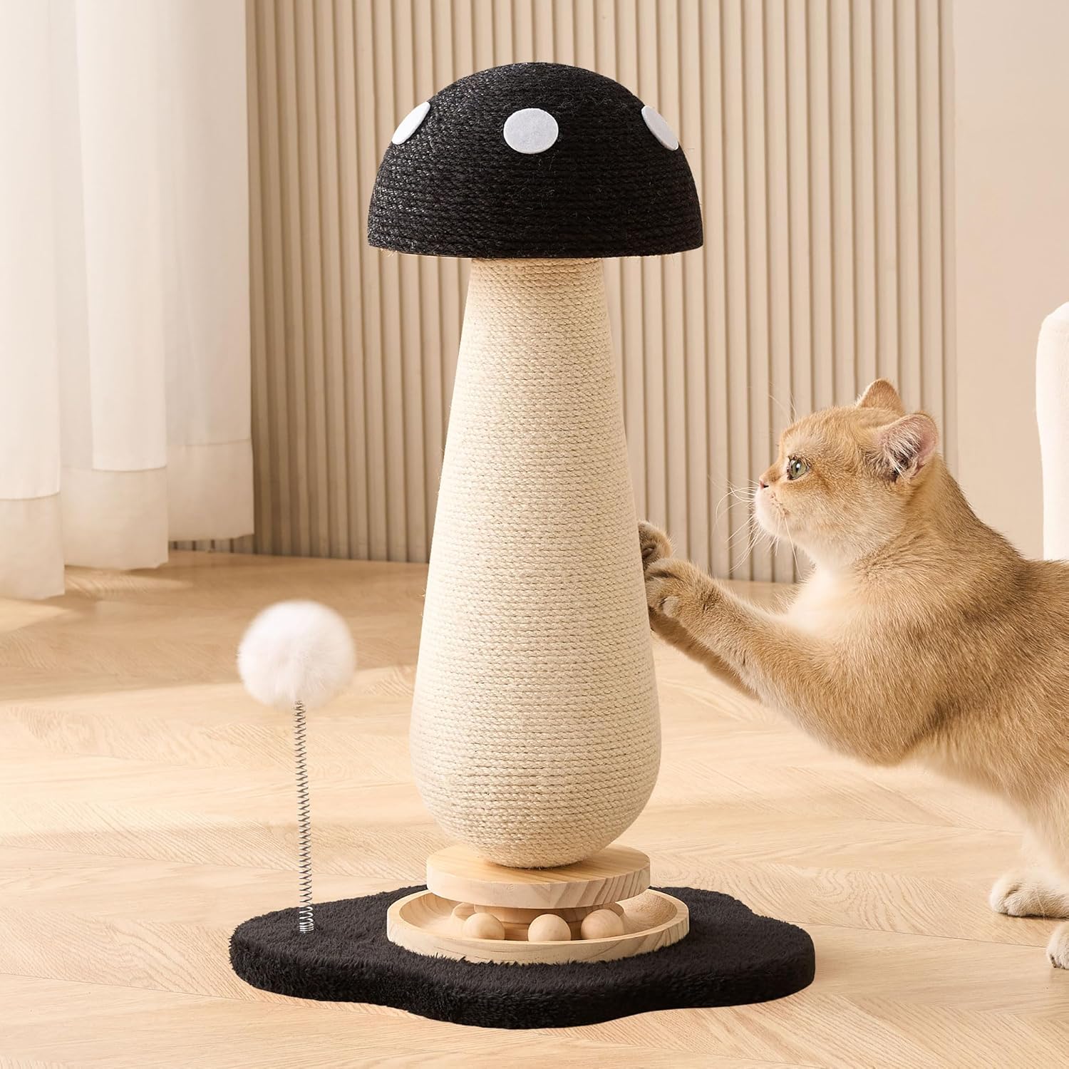 Mushroom Cat Scratching Post Cat Tree, 21.5???? H Cute Cat Scratcher Tower with Durable Solid Wood Turntable Toy, Solid Black Mushroom Scratch Post Cat Sisal Scratcher with Catnip for Indoor Cats