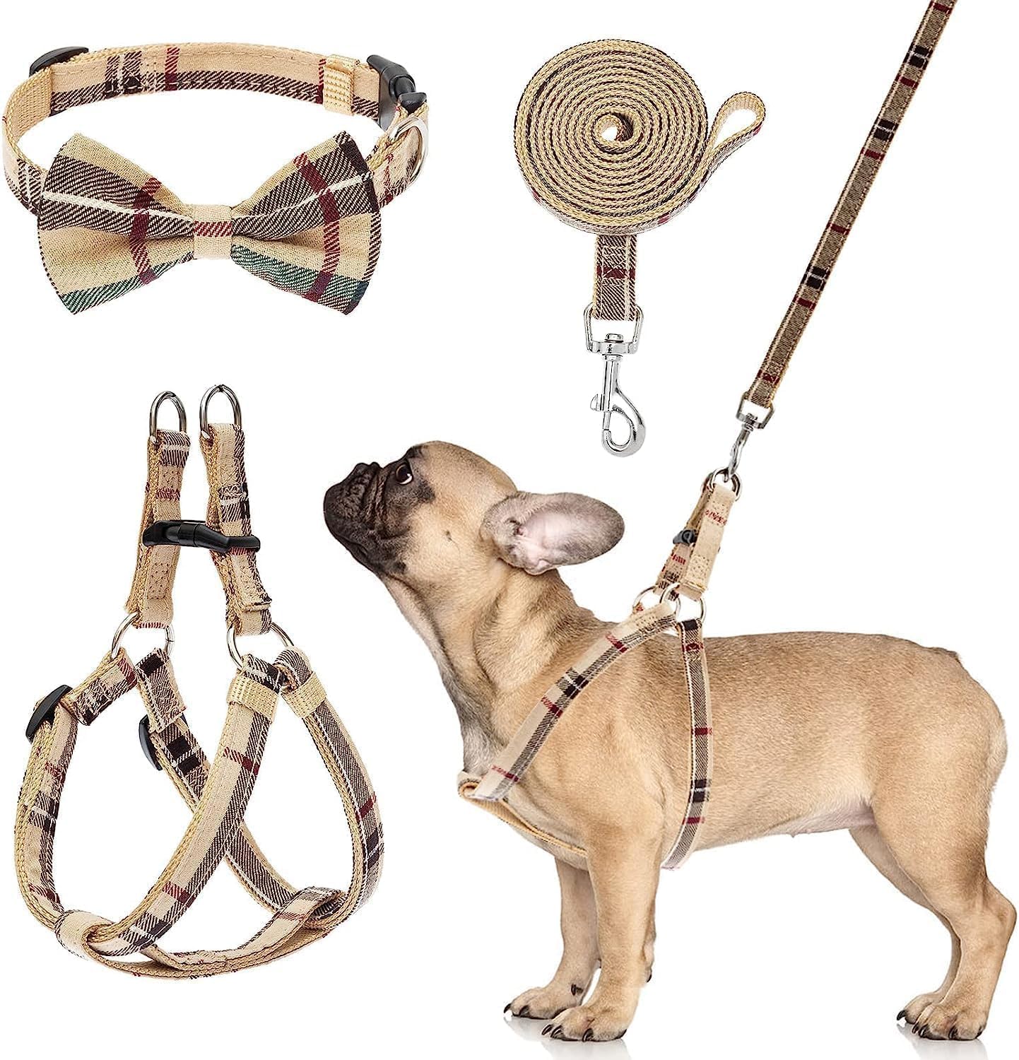 Dog Harness Collar Leash Set,Adjustable No Pull Escape Proof Small Dog Harness,Classic Plaid Puppy Harness and Leash Set for Small Medium Large Dogs Training Easy Walk Running(Beige,M)