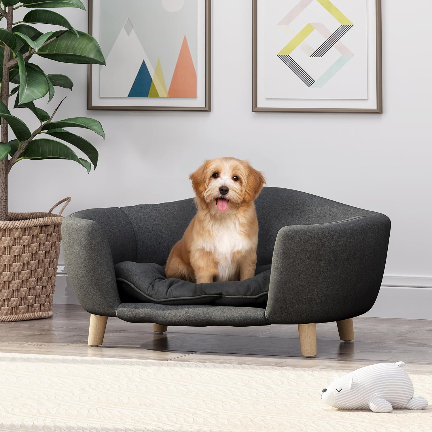 Orthopedic Dog Bed, Elevated Dog Sofa Bed for Small Dog, Supportive Foam Pet Couch Bed with Wooden Legs, Modern Pet Sofa Bed, Dark Gray